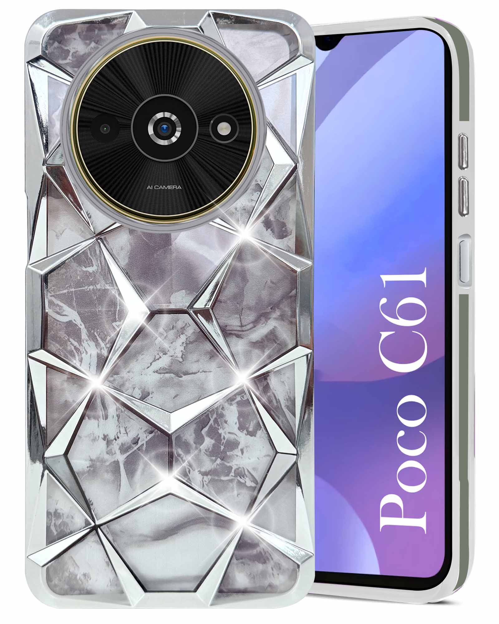 For Xiaomi Poco C61 Back Cover Case ( Dual Design Glitter Sparkle and Detachable Diamond Print Case | Soft and Flexible)