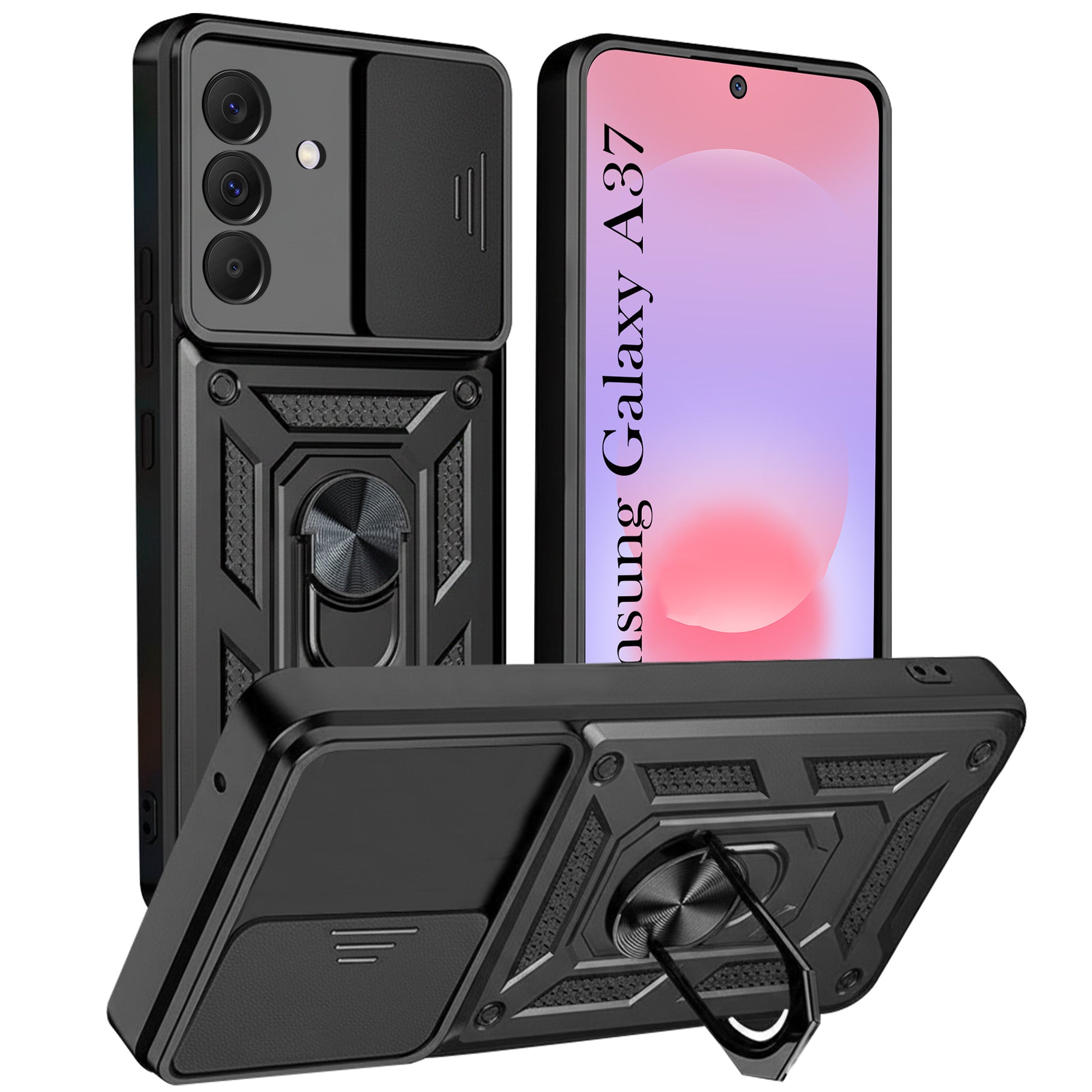 For Samsung Galaxy A37 5G Back Cover Case Hybrid Armor (Sliding Shutter Camera Protection | Polycarbonate |Ring Holder Kickstand)