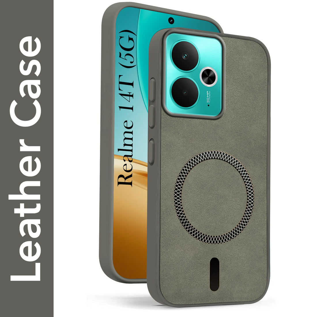 For Realme 14T Back Cover Case Leather Finish (MagSafe Compatible Wireless Charging | Soft Touch | Camera Bump Protection)