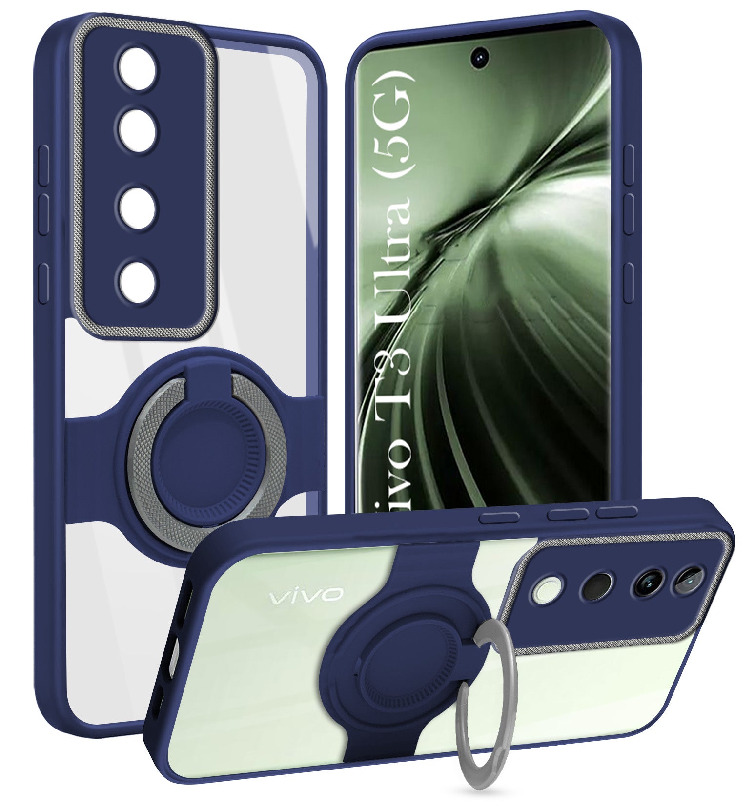 For Vivo T3 Ultra Back Cover Case with stand (Built-in Ring Holder Kickstand | Lifetime Anti Yellow | Camera Protection)