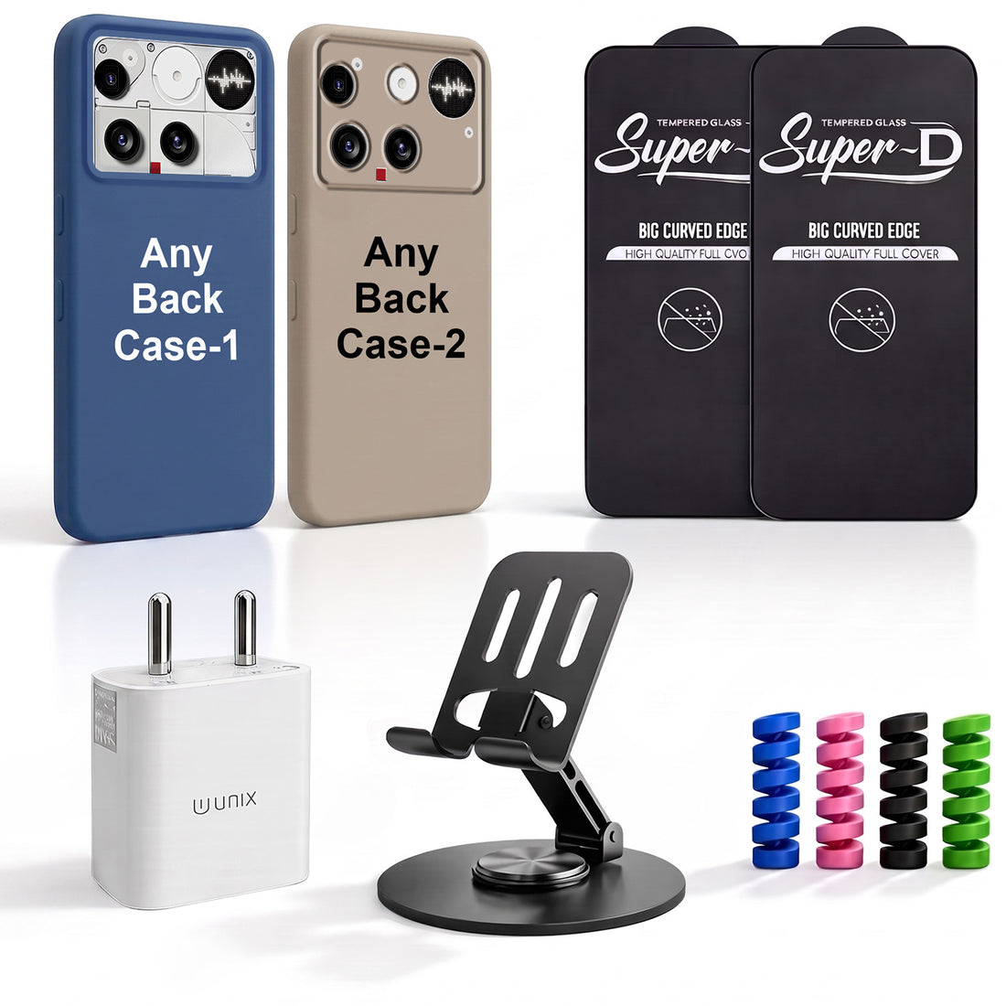 Complete Mobile Care Kit (Get Any 2 Cases+2 Tempered Glass+25W Charger Adapter+Metallic Mobile Stand+Cable Protector)