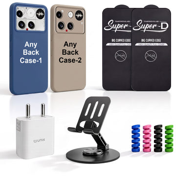 Complete Mobile Care Kit (Get Any 2 Cases+2 Tempered Glass+25W Charger Adapter+Metallic Mobile Stand+Cable Protector)
