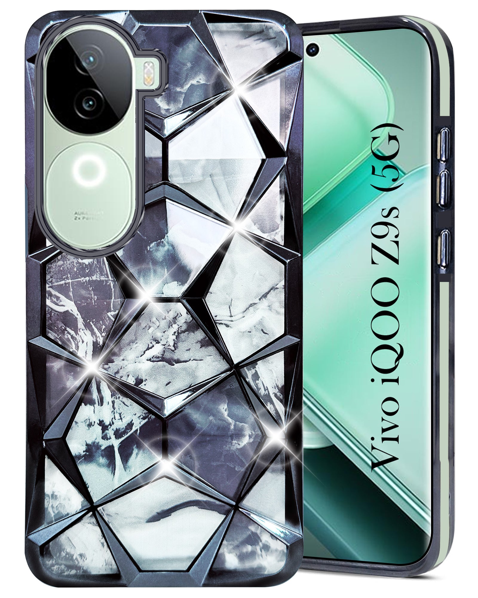 For Vivo iQOO Z9s  Back Cover Case ( Dual Design Glitter Sparkle and Detachable Diamond Print Case | Soft and Flexible)