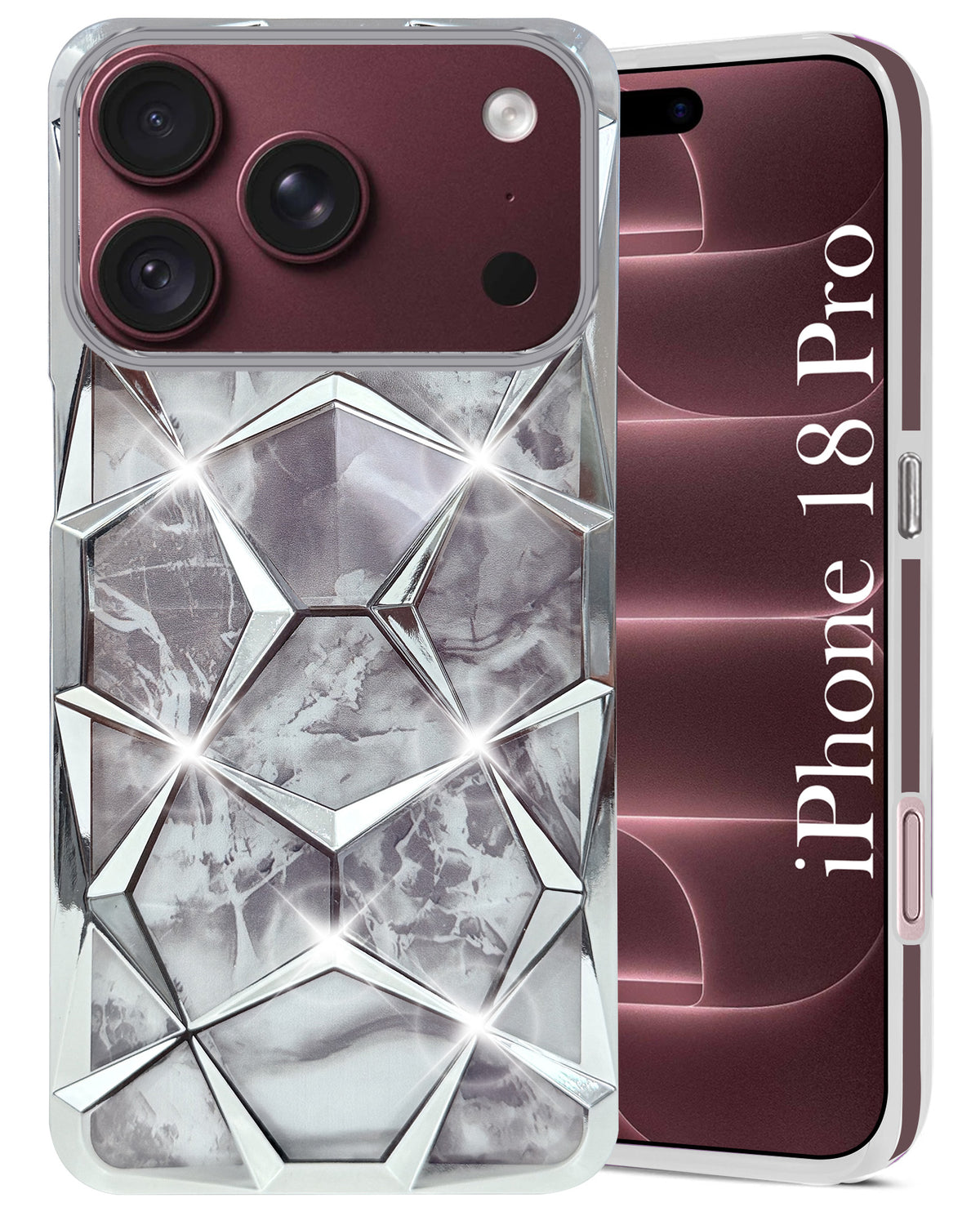 For Apple iPhone 18 Pro Back Cover Case Compatible 3D Silicone (Dual Design Glitter Sparkle and Detachable Diamond Print Case | Soft and Flexible)