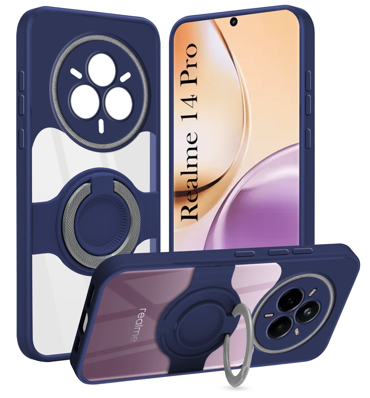 For Realme 14 Pro Back Cover Case with stand (Built-in Ring Holder Kickstand | Lifetime Anti Yellow | Camera Protection)