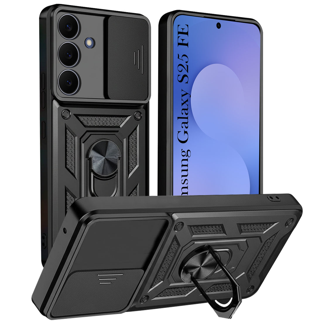 For Samsung Galaxy S25 FE Back Cover Case Hybrid Armor (Sliding Shutter Camera Protection | Polycarbonate |Ring Holder Kickstand)