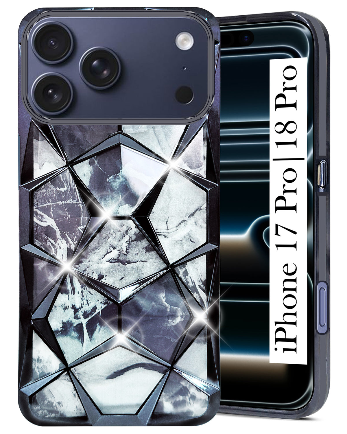 For iPhone 17 Pro | iPhone 18 Pro Back Cover Case 3D Silicone Compatible (Dual Design Glitter Sparkle and Detachable Diamond Print Case | Soft and Flexible)