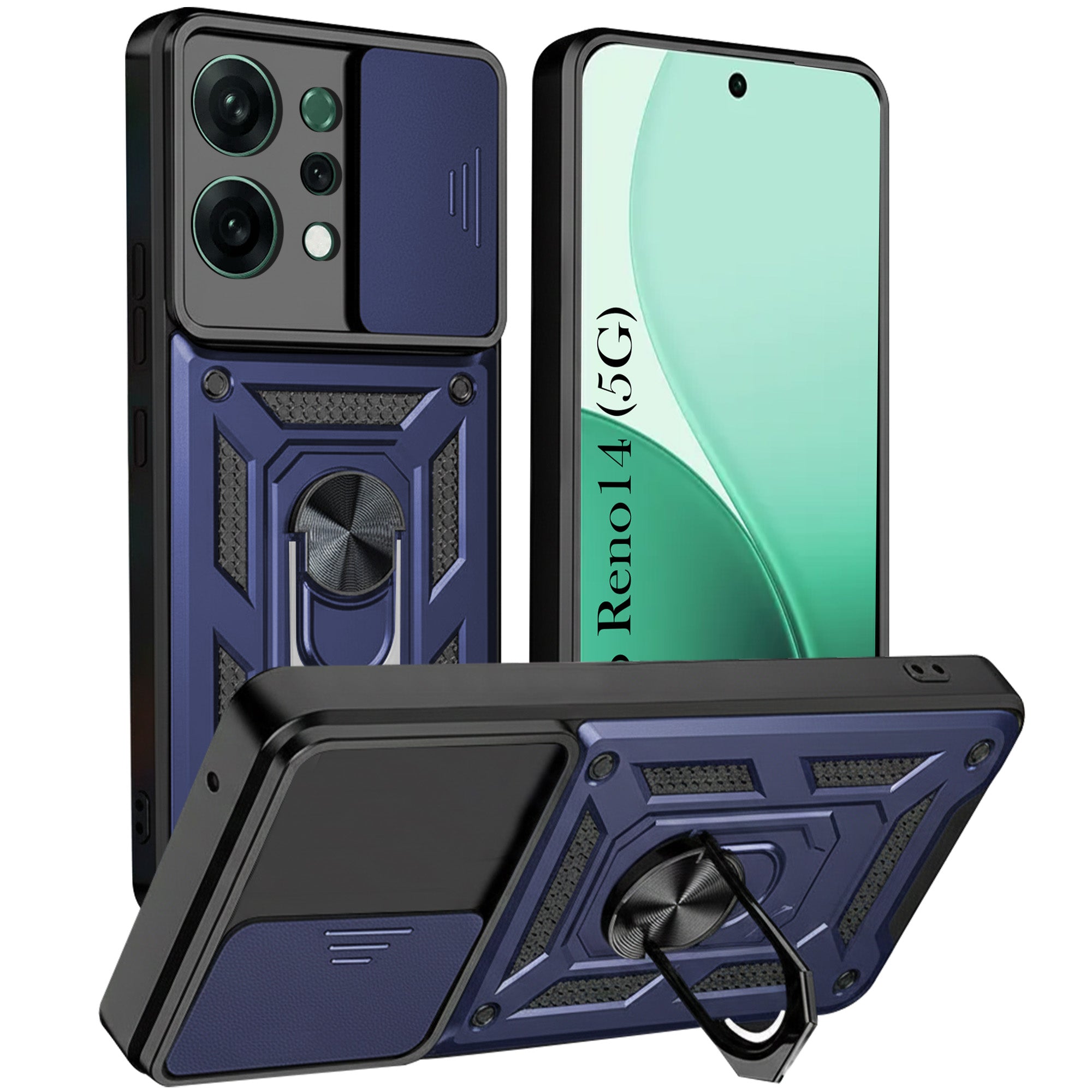 For Oppo Reno14 5G | Oppo Reno 14 5G Back Cover Case (Sliding Shutter Camera Protection | Polycarbonate |Ring Holder Kickstand)