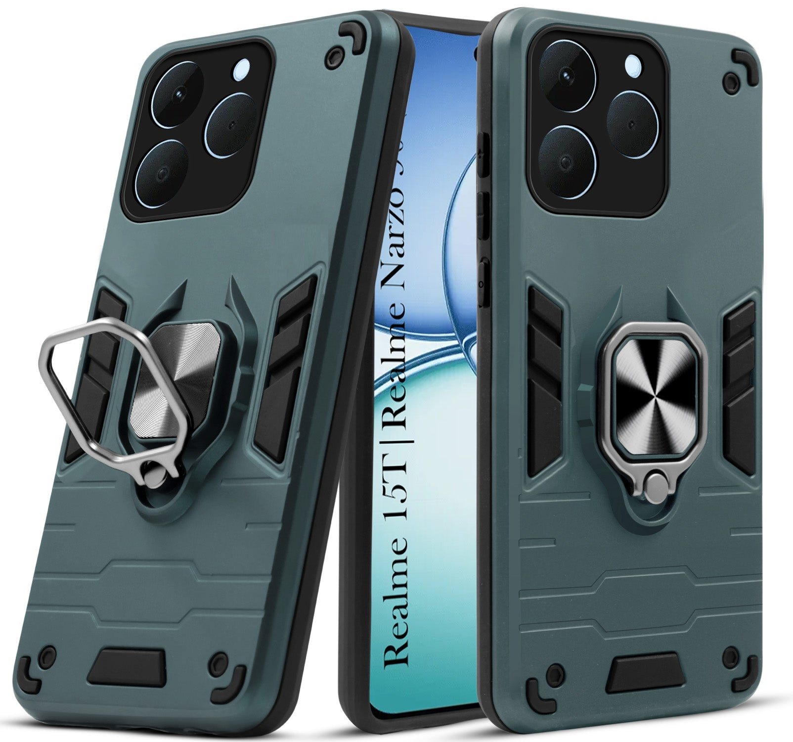 For Realme 15T | Realme Narzo 90 Back Cover Case Hybrid Armor (Shockproof Dual Layer Polycarbonate |Ring Holder Kickstand)