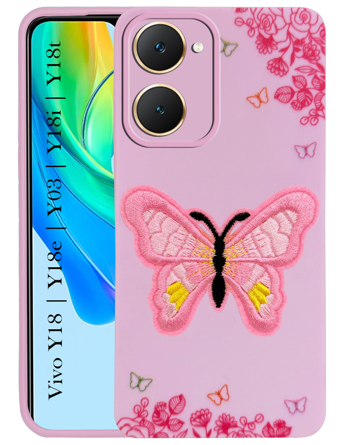 For Vivo Y18 | Vivo Y18e | Vivo Y03 | Vivo Y18i | Vivo Y18T Back Cover Case (Soft Butterfly Embroidery | Women Teen Girls | Camera Protection| Matte Silicone)