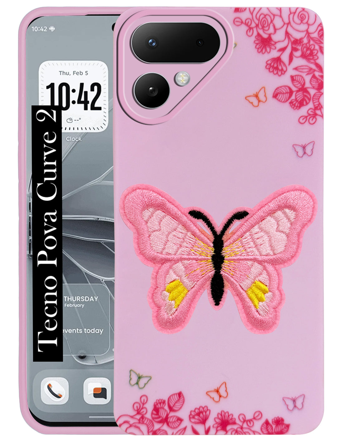 For Tecno Pova Curve 2 Back Cover Case (Soft Butterfly Embroidery | Women Teen Girls | Camera Protection| Matte Silicone)