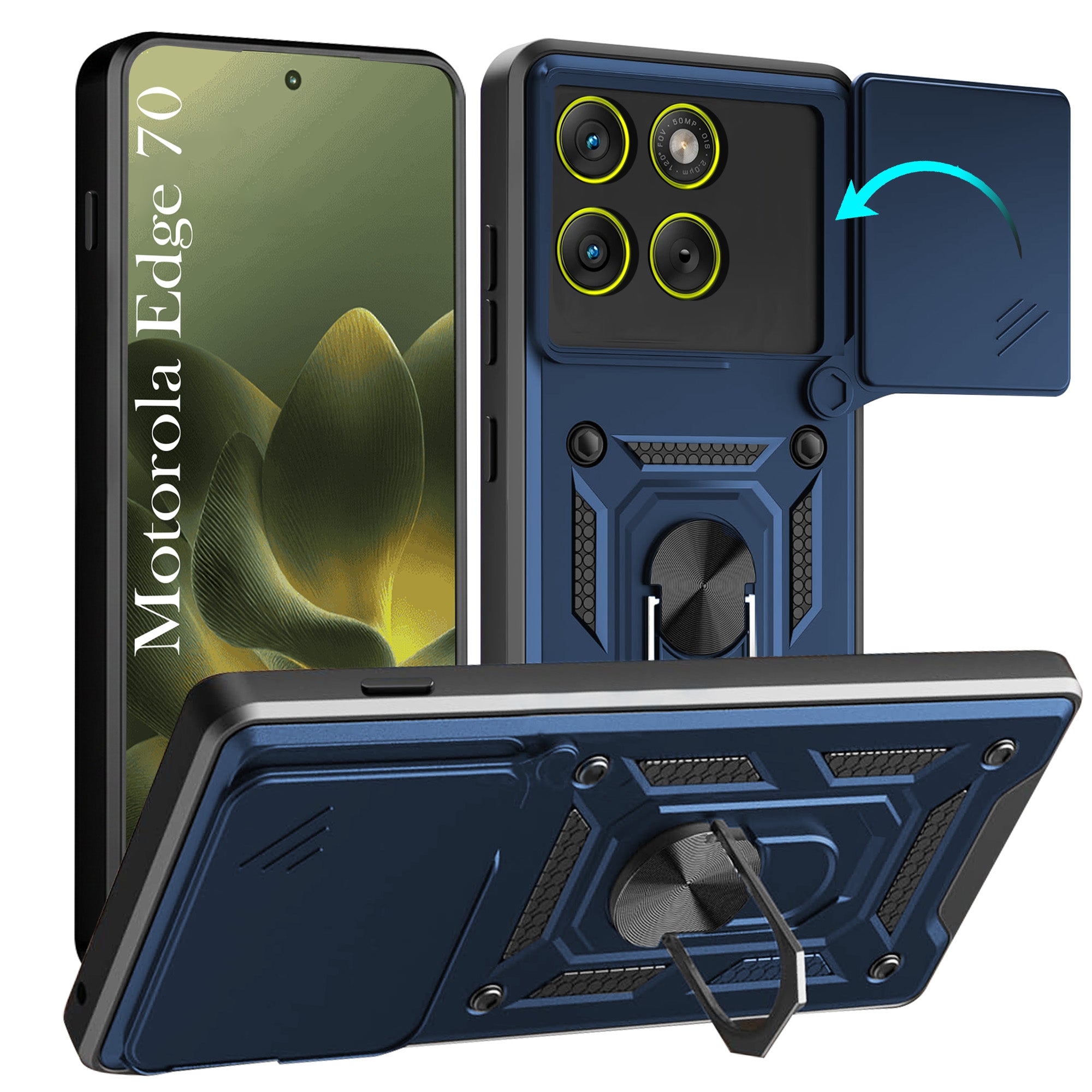 For Motorola Moto Edge 70 Back Cover Case Hybrid Armor (Sliding Shutter Camera Protection | Polycarbonate |Ring Holder Kickstand)