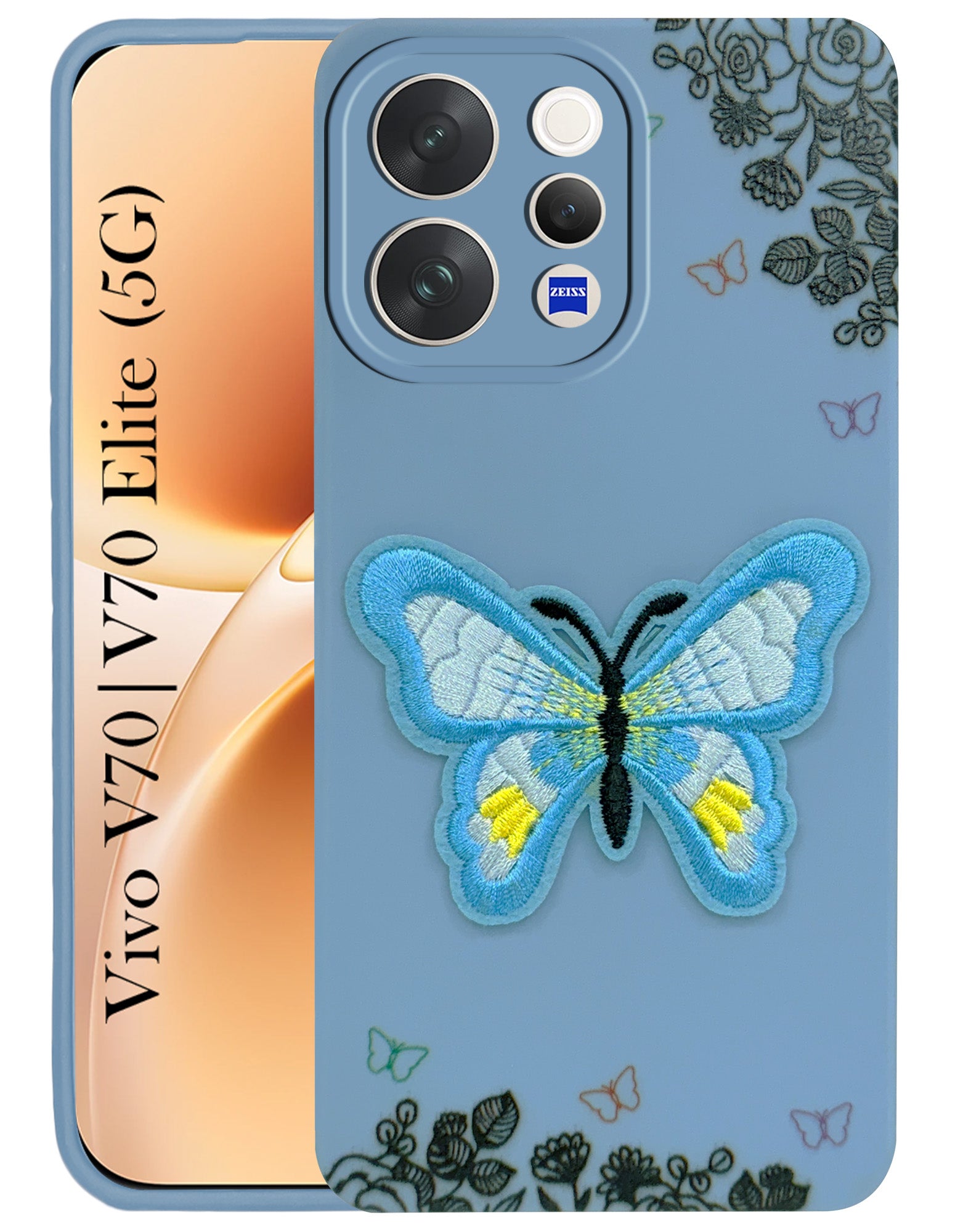 For Vivo V70 | Vivo V70 Elite 5G Back Cover Case (Soft Butterfly Embroidery | Women Teen Girls | Camera Protection| Matte Silicone)