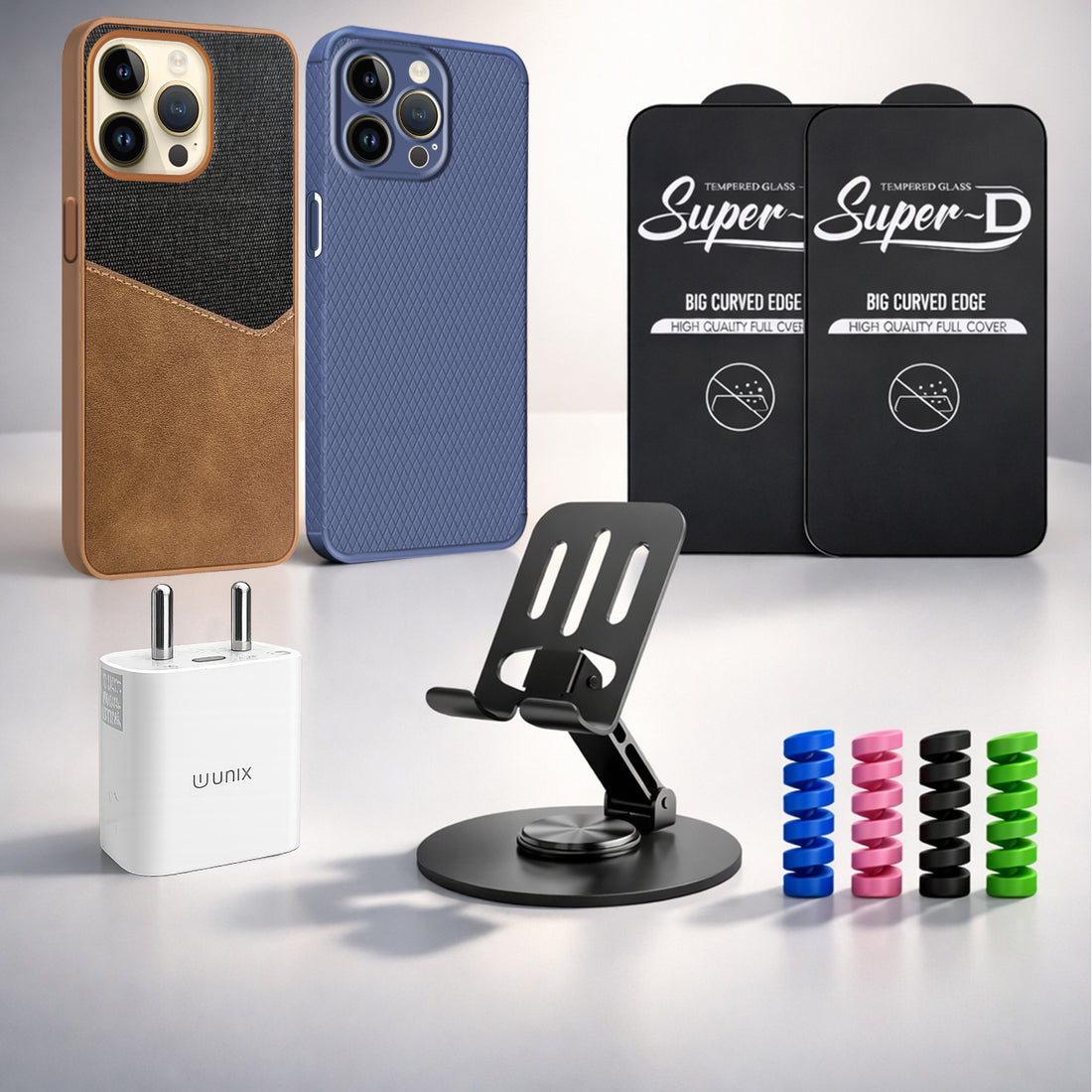 Complete Mobile Care Kit (Get Any 2 Cases+2 Tempered Glass+25W Charger Adapter+Metallic Mobile Stand+Cable Protector)