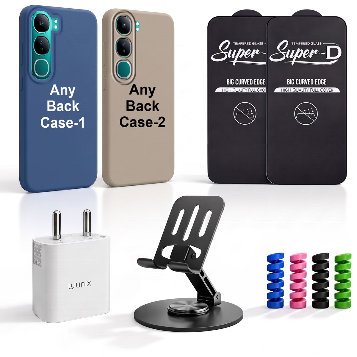 Complete Mobile Care Kit (Get Any 2 Cases+2 Tempered Glass+25W Charger Adapter+Metallic Mobile Stand+Cable Protector)