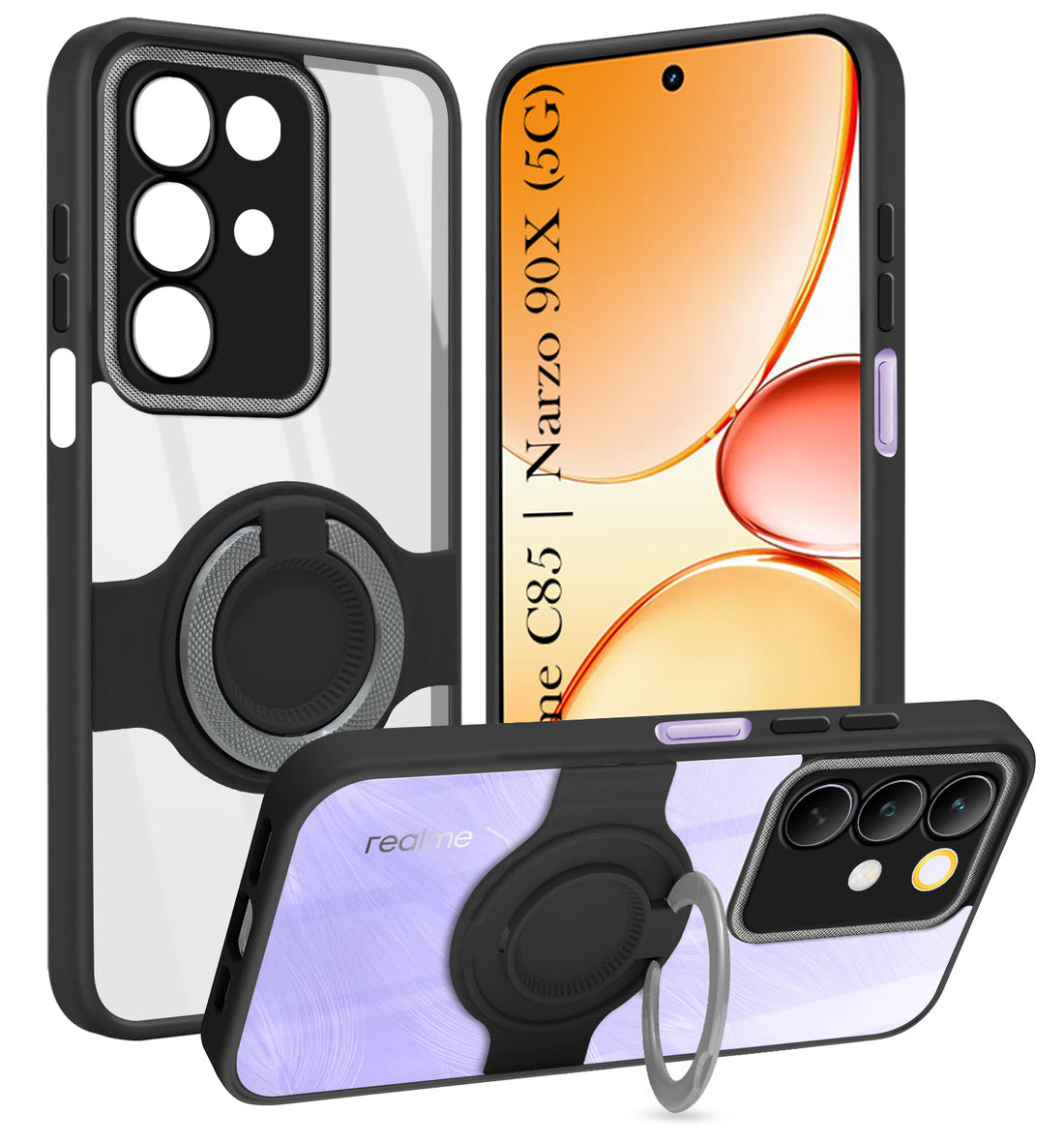 For Realme C85 5G | Realme Narzo 90x Back Cover Case with stand (Built-in Ring Holder Kickstand | Lifetime Anti Yellow | Camera Protection)