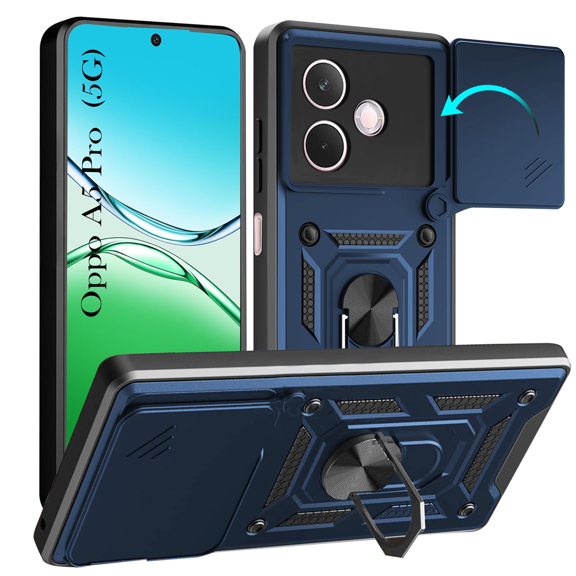 For Oppo A5 Pro Back Cover Case Hybrid Armor (Sliding Shutter Camera Protection | Polycarbonate |Ring Holder Kickstand)