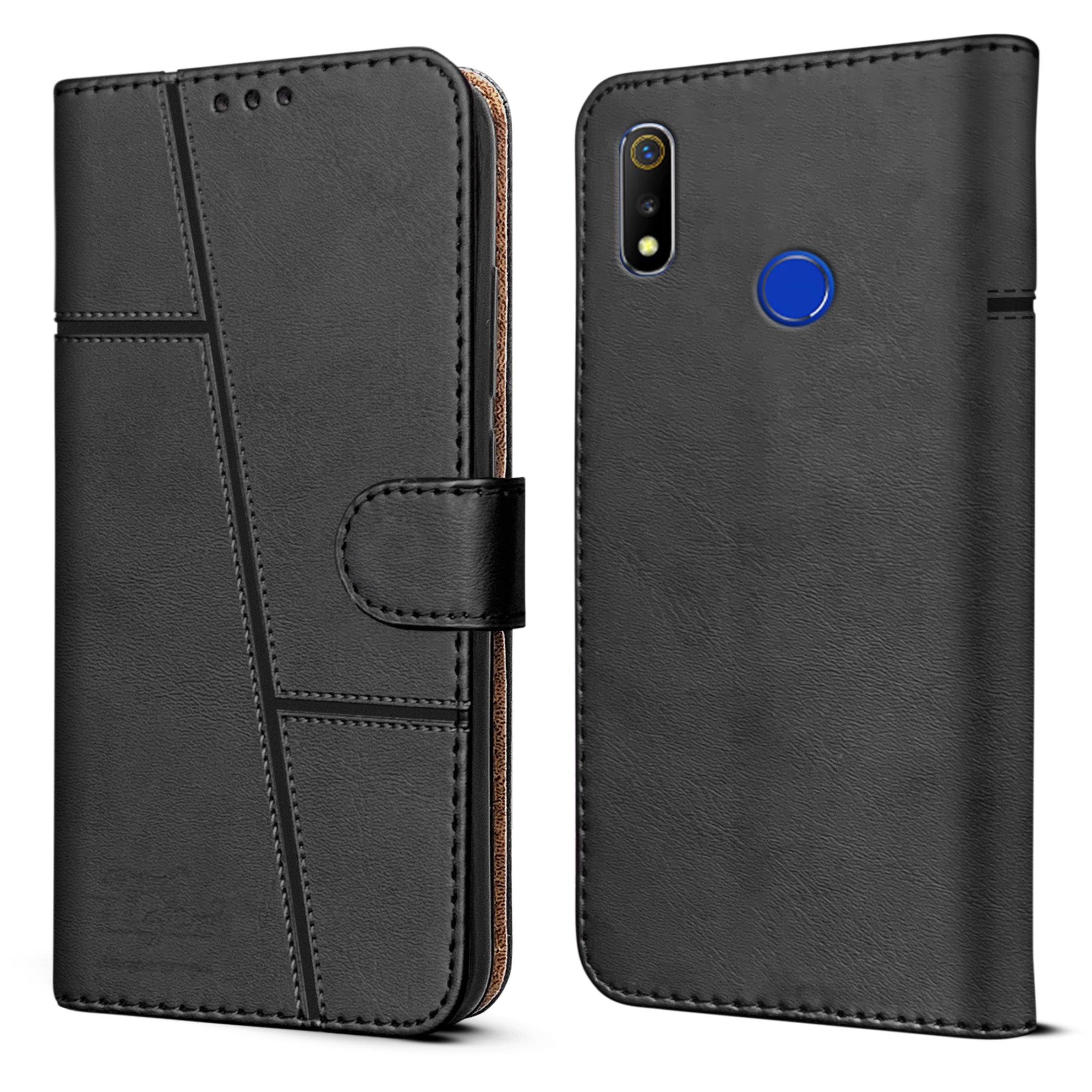 For Realme 3 | Realme 3i Flip Cover Case (Stitched Leather with Magnetic Closure)