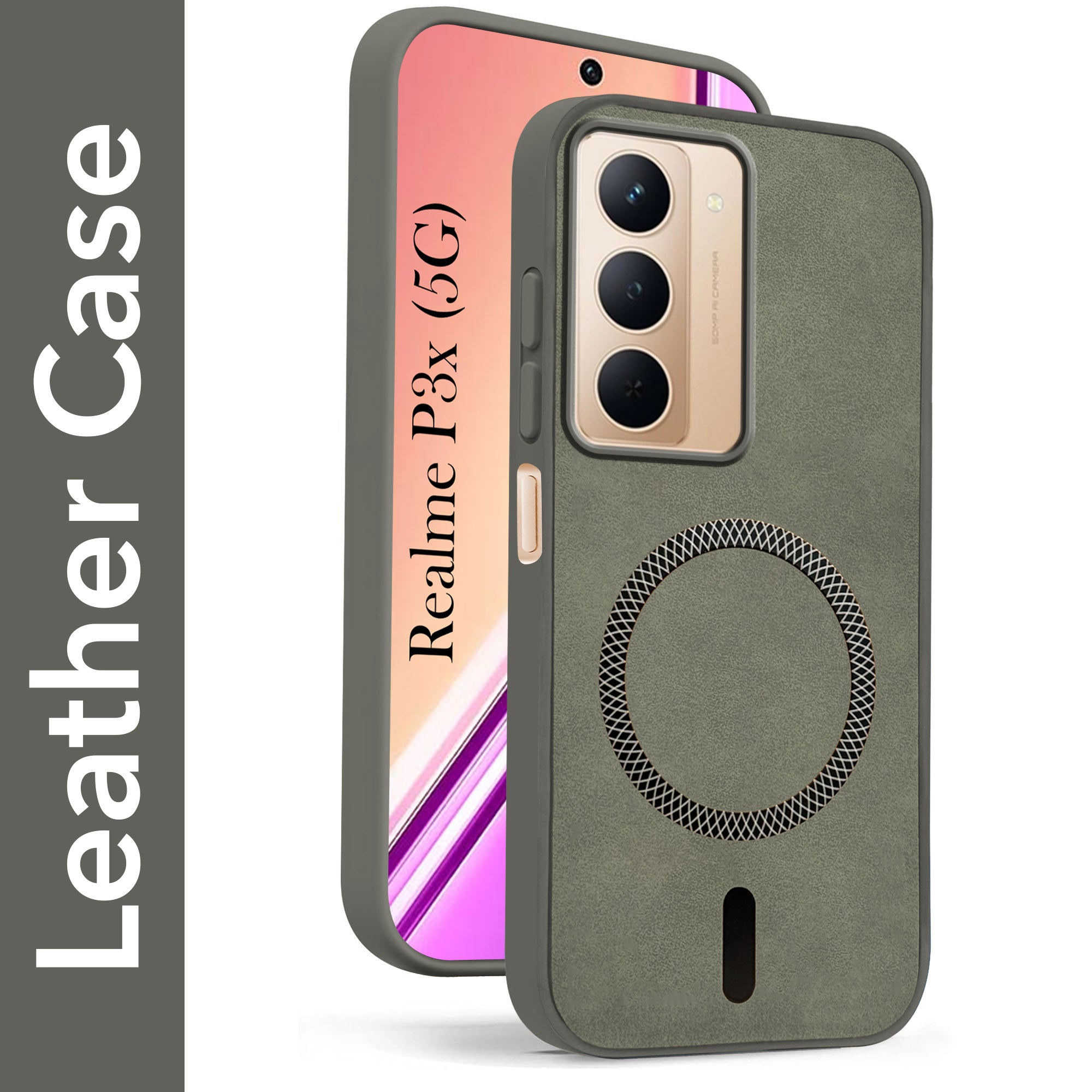 For Realme P3x Back Cover Case Leather Finish (MagSafe Compatible Wireless Charging | Soft Touch | Camera Bump Protection)