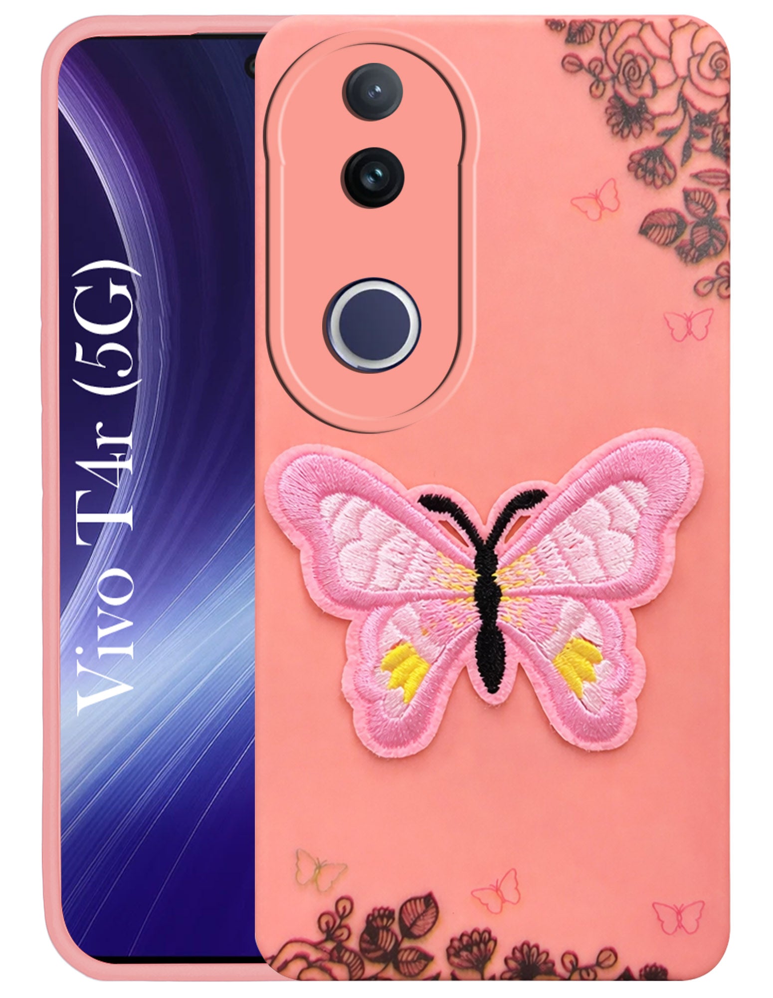 For Vivo T4R Back Cover Case (Soft Butterfly Embroidery | Women Teen Girls | Camera Protection| Matte Silicone)