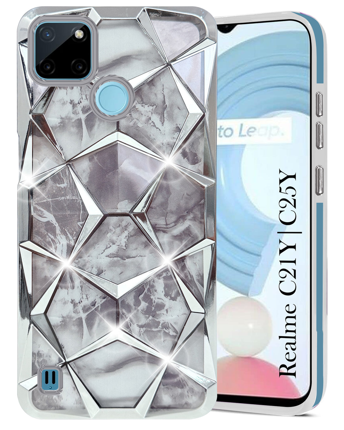 For Realme C21Y | C25Y Back Cover Case ( Dual Design Glitter Sparkle and Detachable Diamond Print Case | Soft and Flexible)