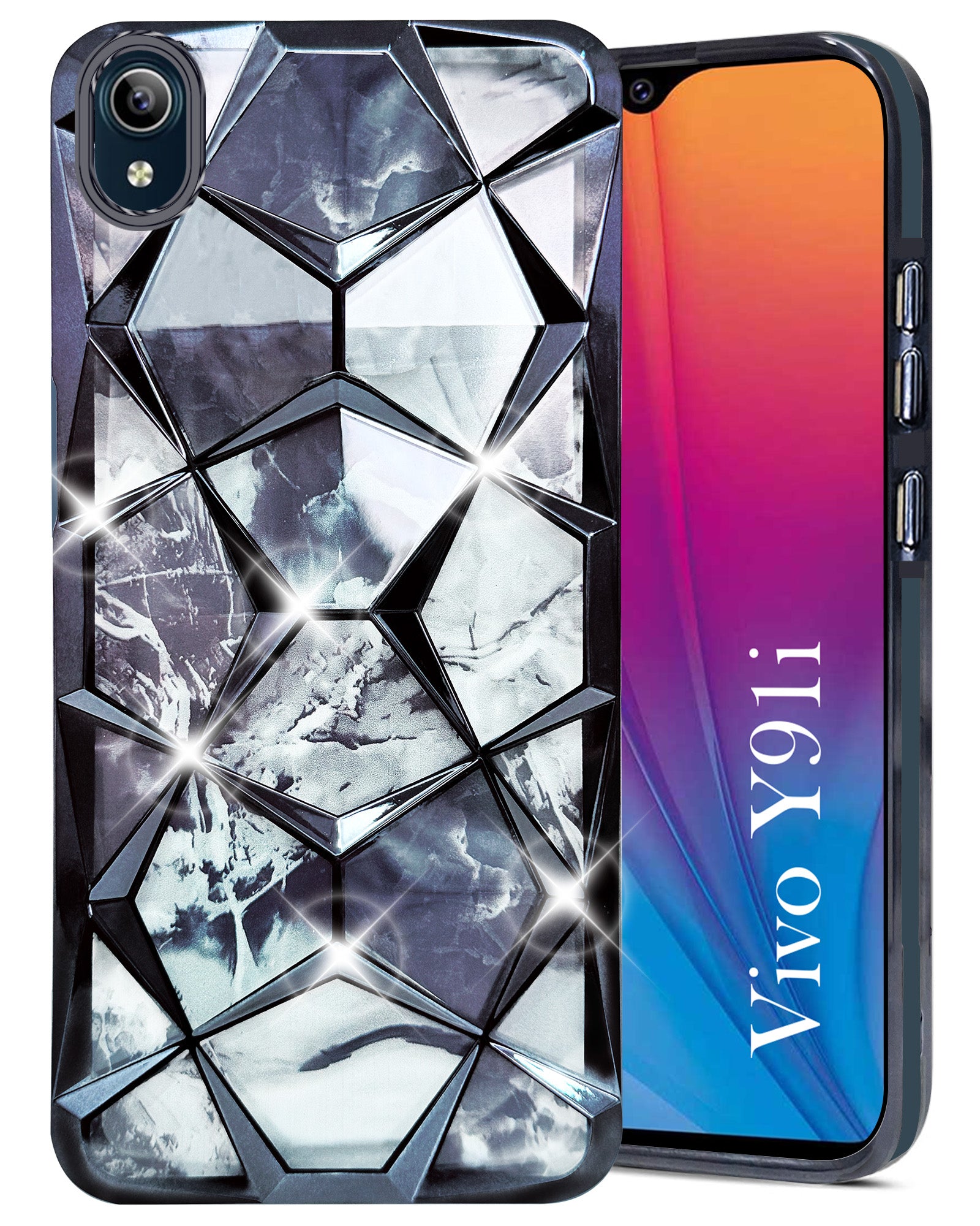 For Vivo Y91i Back Cover Case (Dual Design Glitter Sparkle and Detachable Diamond Print Case | Soft and Flexible)
