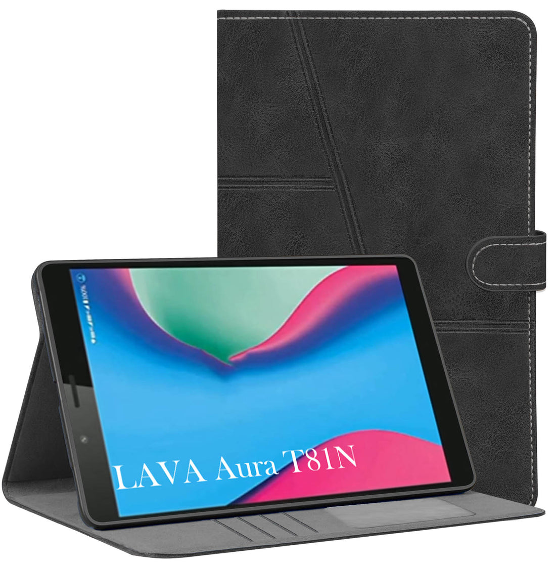 For Flip Cover Folio Case Lava Aura T81N  (UPGOVT) 8 Inch (PU Leather | Multi-Angle Smart Stand | Card Storage Slots | Silicone Back Pouch)