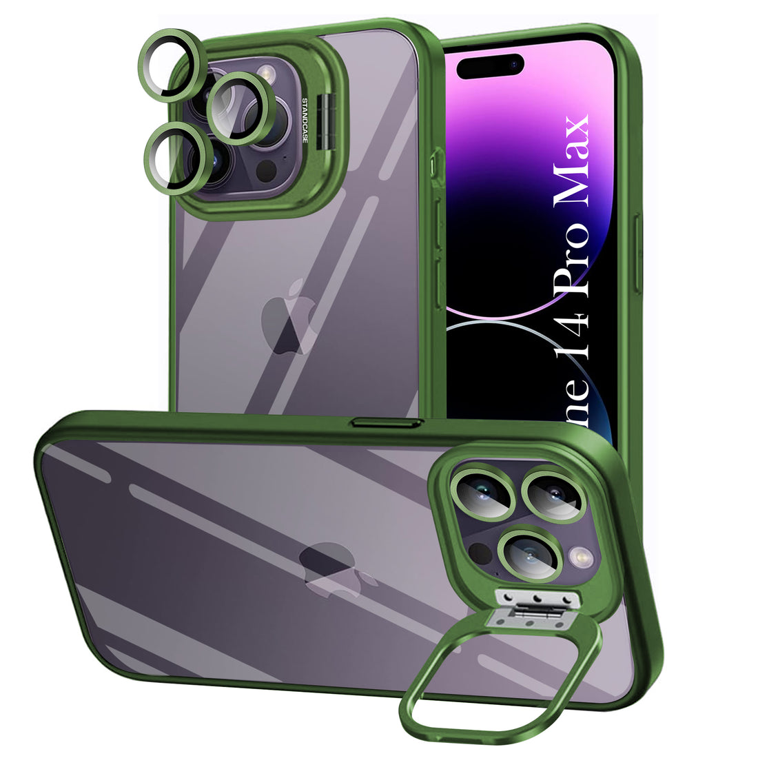 For Apple iPhone 14 Pro Max Back Cover Case (Camera Lens Glass | Metal Stand Holder | Shockproof Hybrid | Anti Yellow |)