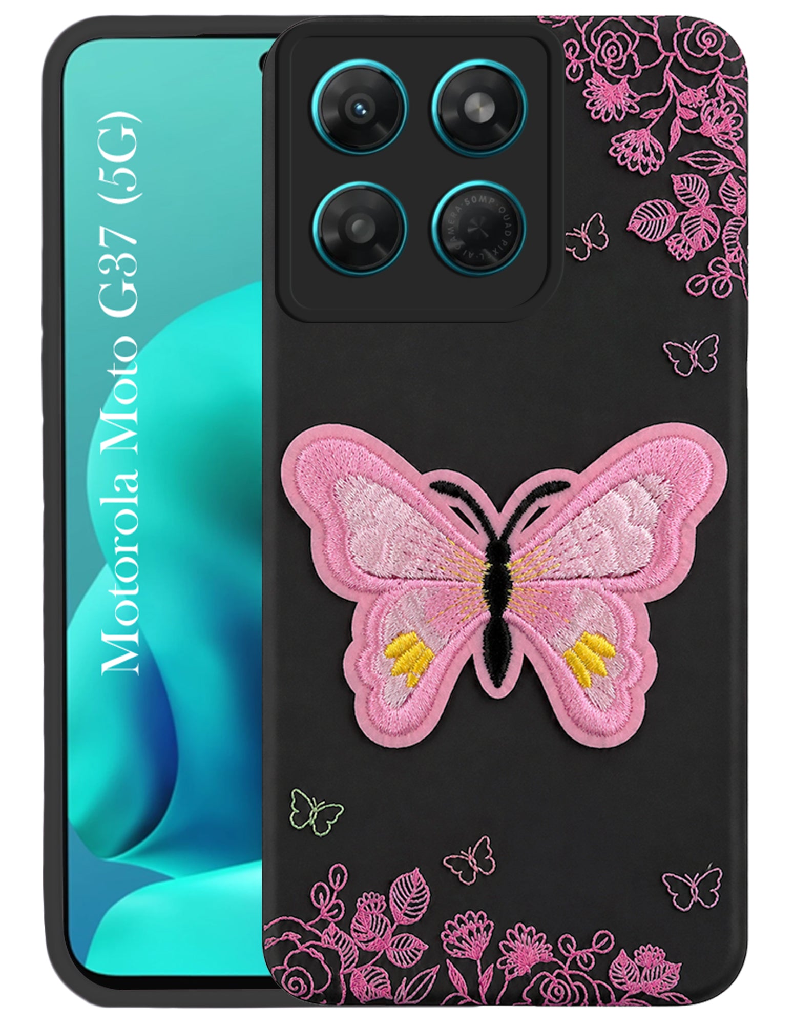 For Motorola Moto G37 Back Cover Case (Soft Butterfly Embroidery | Women Teen Girls | Camera Protection| Matte Silicone)