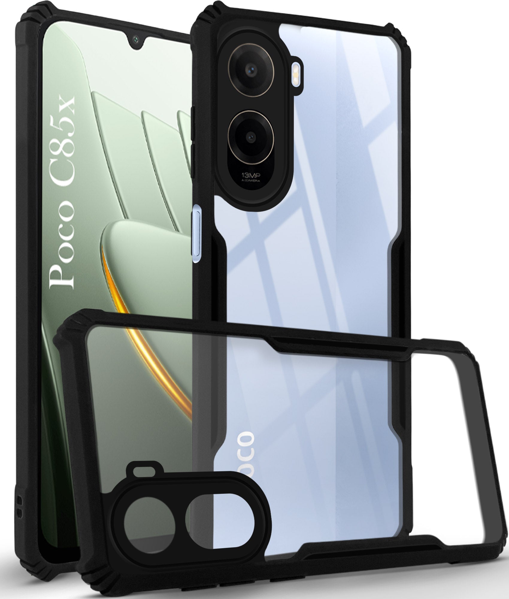 For Poco C85x 5G Back Cover Case Hybrid (Shockproof with Polycarbonate Clear Panel | Professional Black)