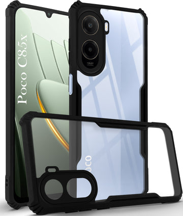 For Poco C85x 5G Back Cover Case Hybrid (Shockproof with Polycarbonate Clear Panel | Professional Black)