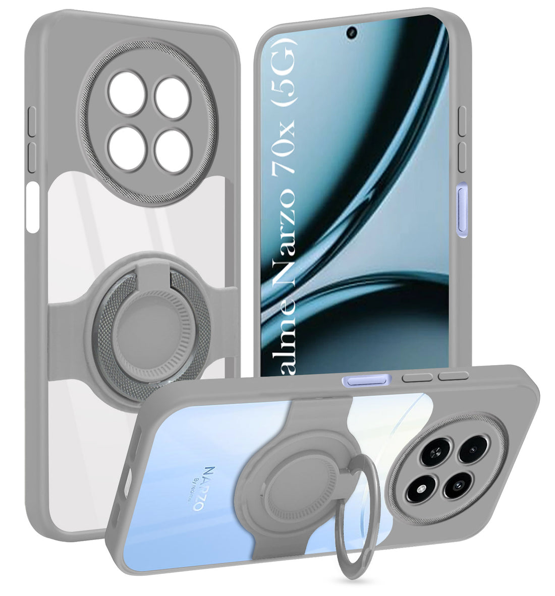 For Realme Narzo 70x 5G Back Cover Case with stand (Built-in Ring Holder Kickstand | Lifetime Anti Yellow | Camera Protection)