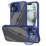 For Apple iPhone 15 Back Cover Case (Camera Lens Glass | Metal Stand Holder | Shockproof Hybrid | Anti Yellow |)