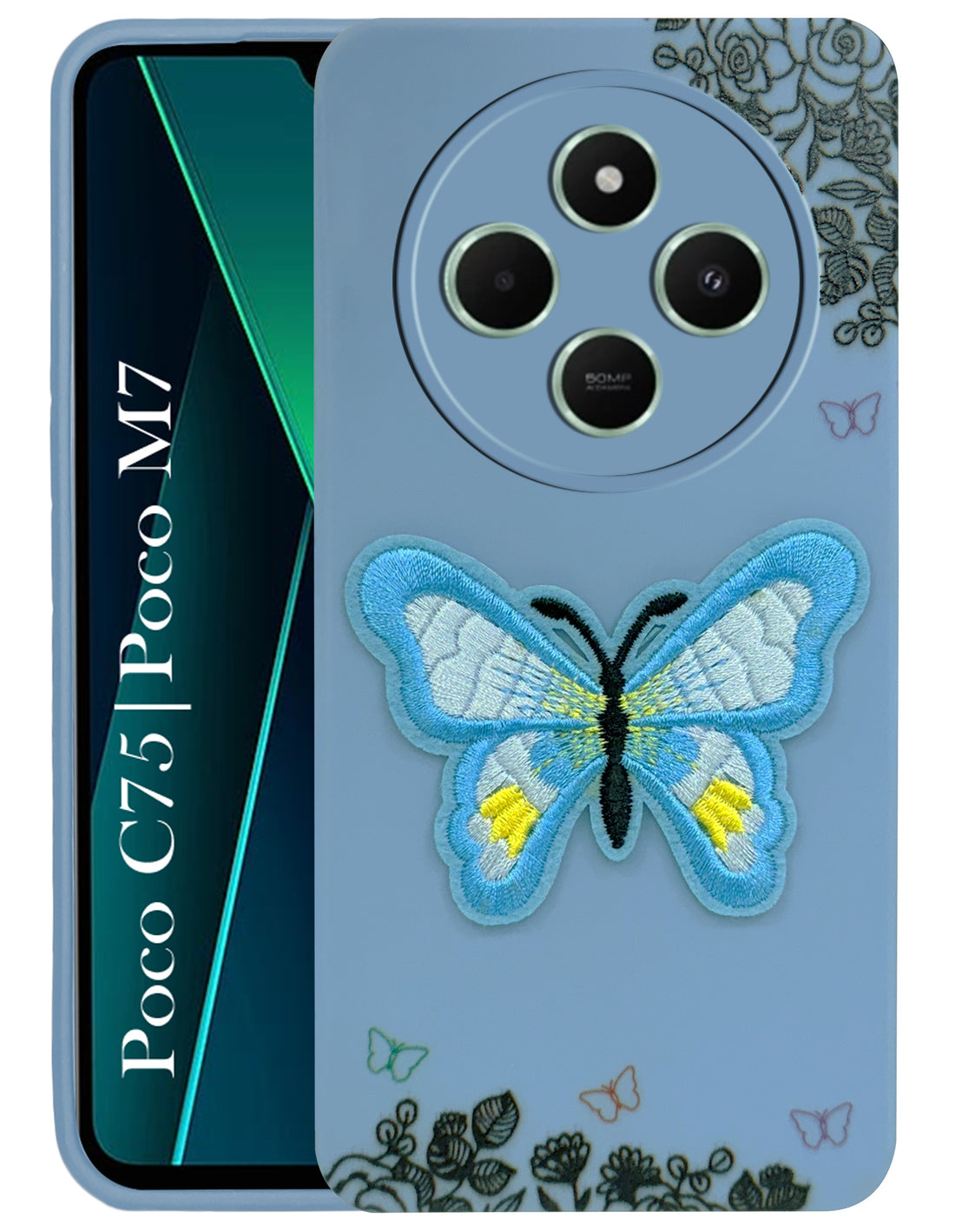 For Poco C75 | Poco M7 Back Cover Case (Soft Butterfly Embroidery | Women Teen Girls | Camera Protection| Matte Silicone)