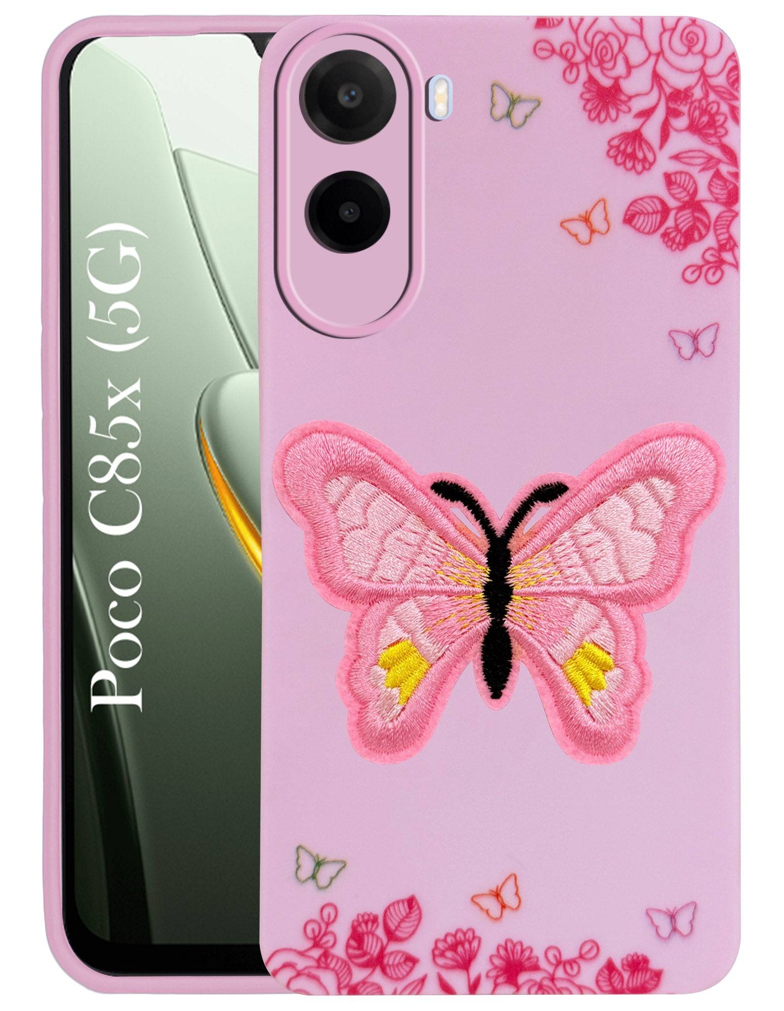 For Poco C85x 5G Back Cover Case (Soft Butterfly Embroidery | Women Teen Girls | Camera Protection| Matte Silicone)