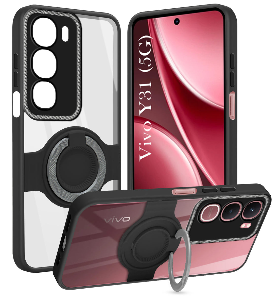 For Vivo Y31 5G Back Cover Case with stand (Built-in Ring Holder Kickstand | Lifetime Anti Yellow | Camera Protection)