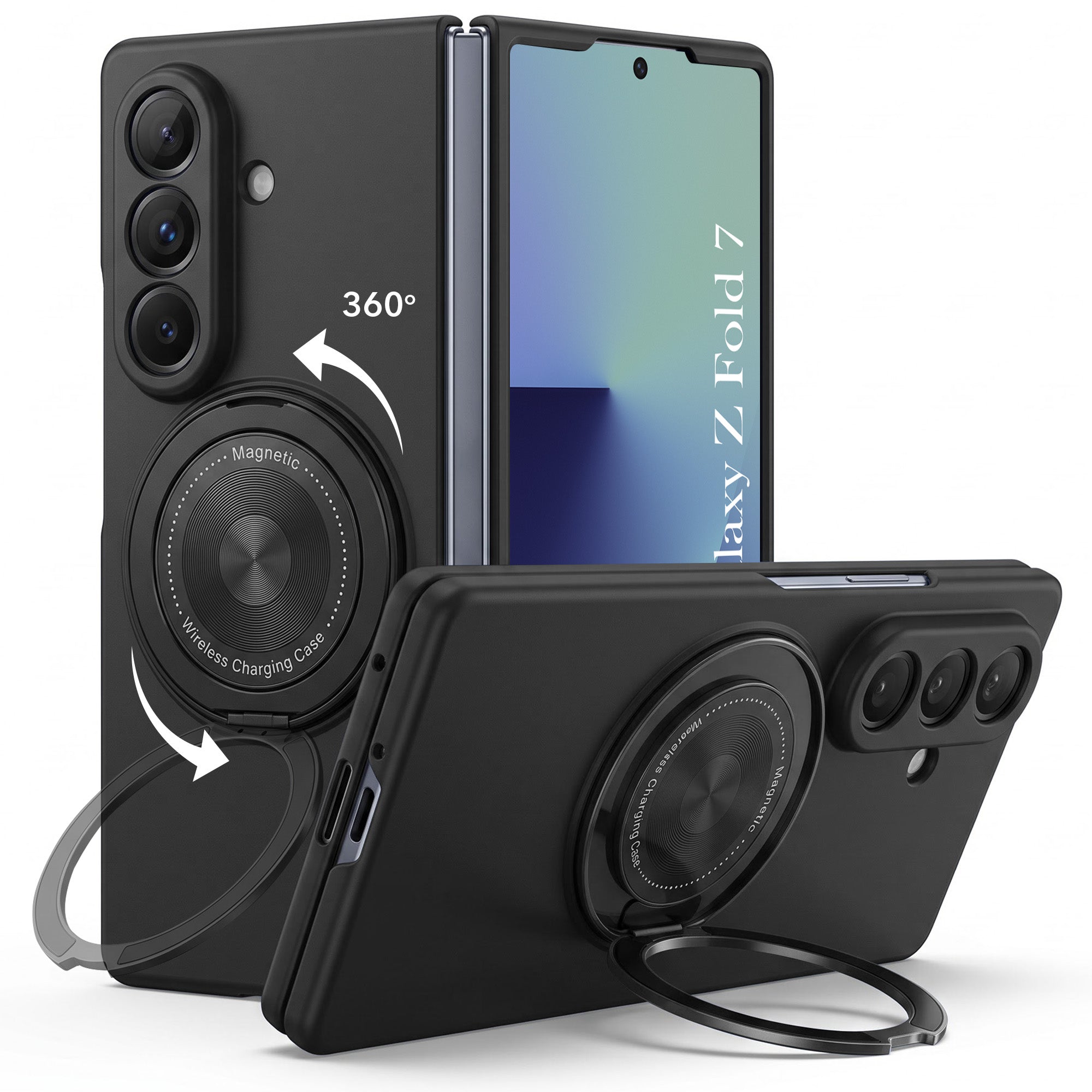 For Samsung Galaxy Z Fold 7 Back Cover Case (360° Rotating Kickstand Ring | Shockproof Camera Protection | Magnetic MagSafe Wireless Charging Support)