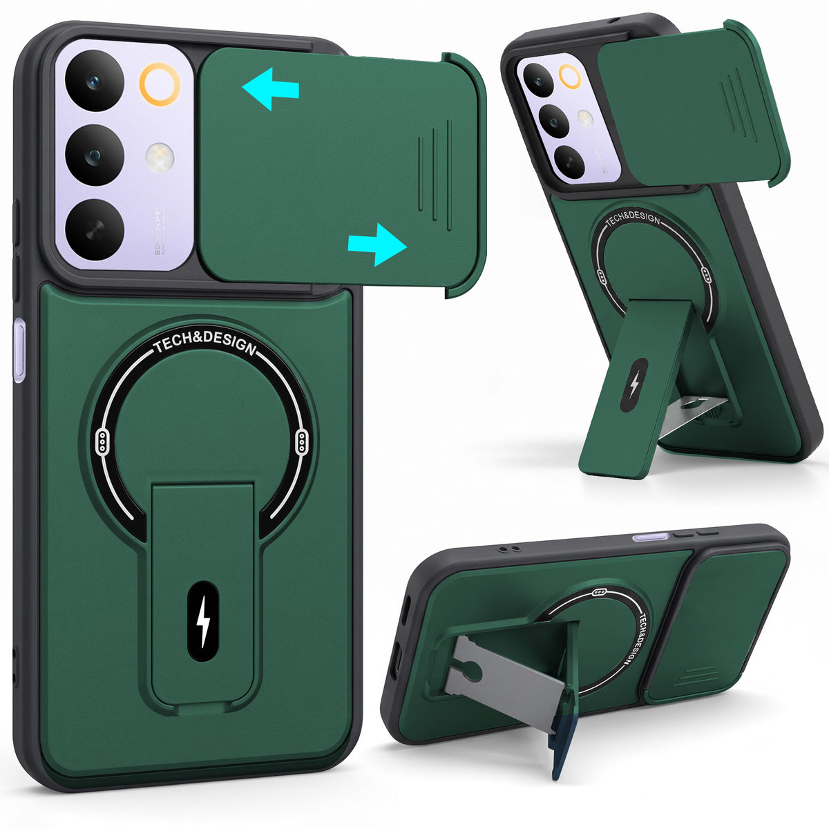 For Realme C85 5G | Realme Narzo 90x Back Case Cover Metallic (Hybrid Armor Kickstand | Sliding Shutter Camera Protection | MagSafe Compatible)