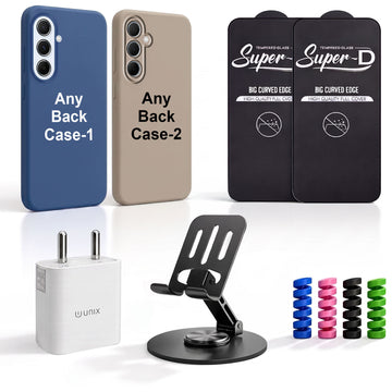 Complete Mobile Care Kit (Get Any 2 Cases+2 Tempered Glass+25W Charger Adapter+Metallic Mobile Stand+Cable Protector)