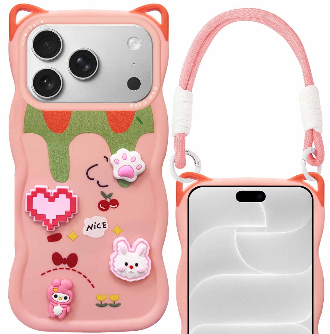 For Apple iPhone 18 Pro Back Case Cover Strap (3D Embossed Figures | Strap Holder | 360* Soft Cushion with Camera Bump)