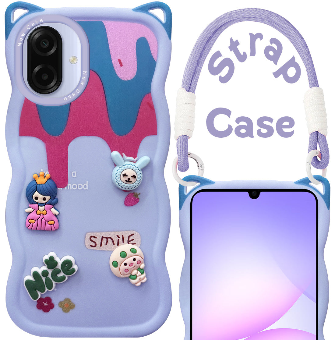 For Samsung Galaxy A07 | F70e 5G Strap Back Case Cover (3D embossed Figures | Strap Holder | 360* Soft Cushion with Camera Bump)
