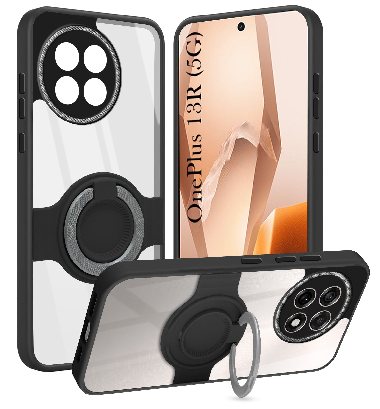 For OnePlus 13R Back Cover Case with stand (Built-in Ring Holder Kickstand | Lifetime Anti Yellow | Camera Protection)