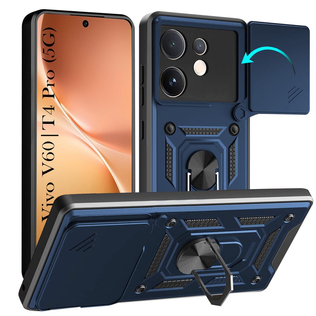 For Vivo V60 | Vivo T4 Pro Back Cover Case (Sliding Shutter Camera Protection | Polycarbonate |Ring Holder Kickstand)