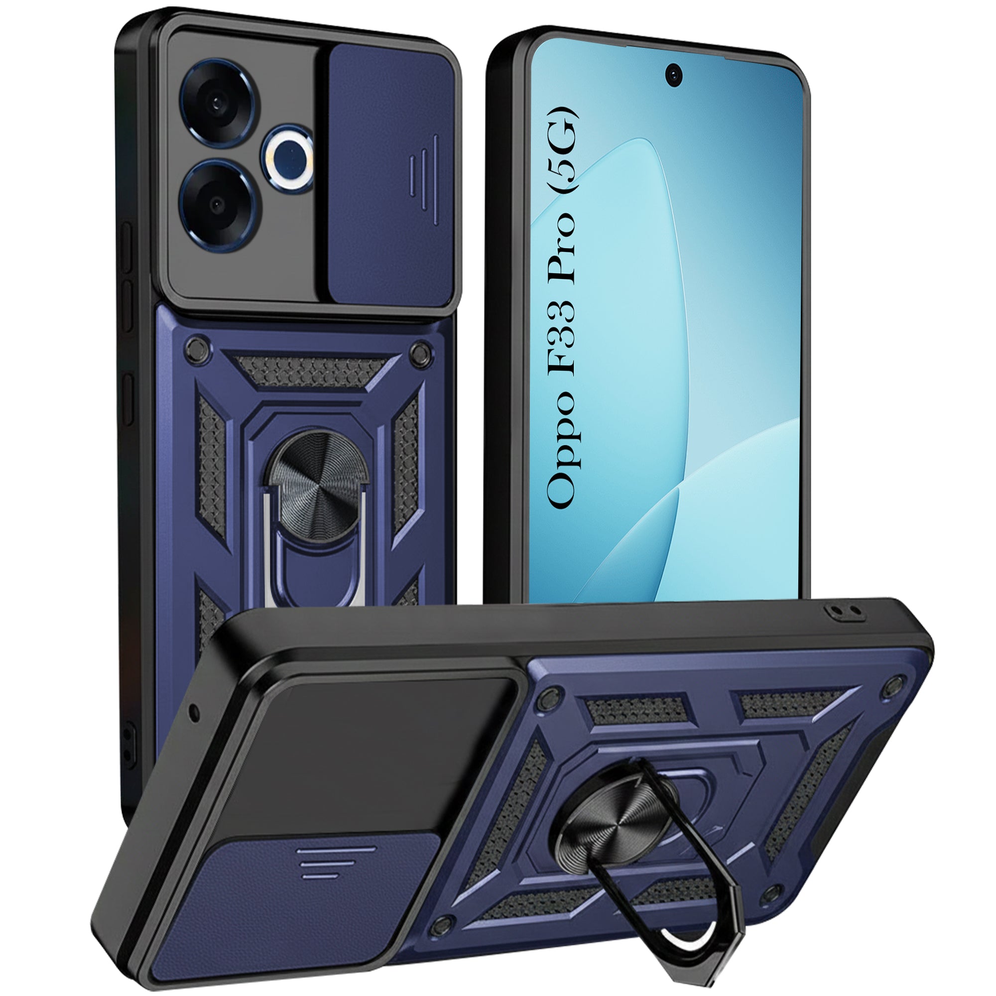 For Oppo F33 Pro 5G Back Cover Case Hybrid Armor (Sliding Shutter Camera Protection | Polycarbonate |Ring Holder Kickstand)