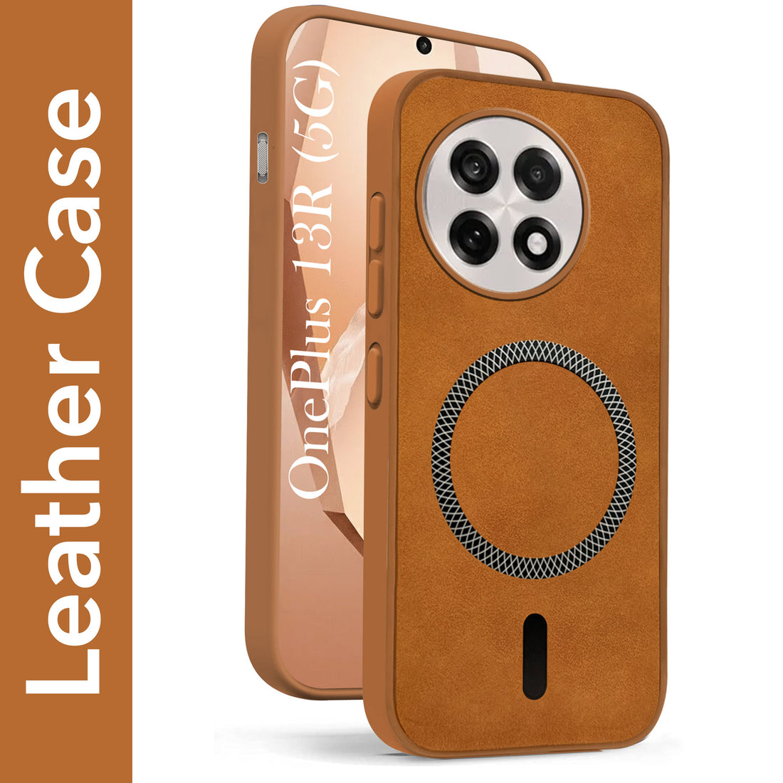 For OnePlus 13R Back Cover Case Leather Finish (MagSafe Compatible Wireless Charging | Soft Touch | Camera Bump Protection)