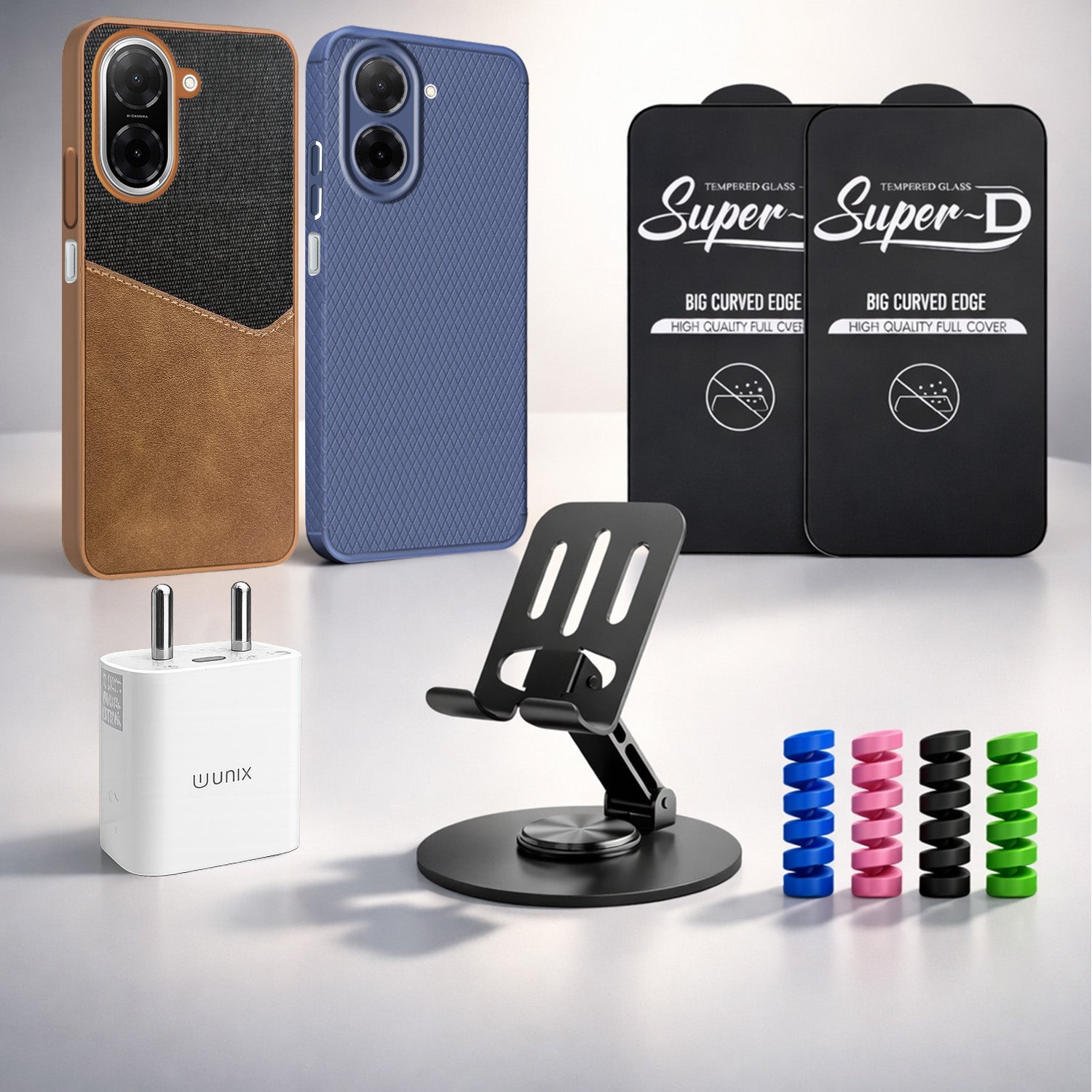 Complete Mobile Care Kit (Get Any 2 Cases+2 Tempered Glass+25W Charger Adapter+Metallic Mobile Stand+Cable Protector)