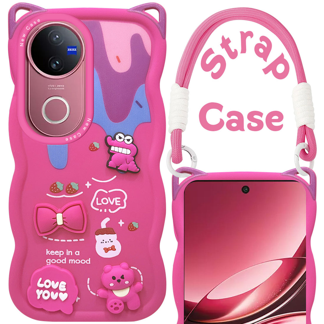For Vivo V50 | Vivo V50e Back Case Cover Strap(3D embossed Figures | Strap Holder | 360* Soft Cushion with Camera Bump)