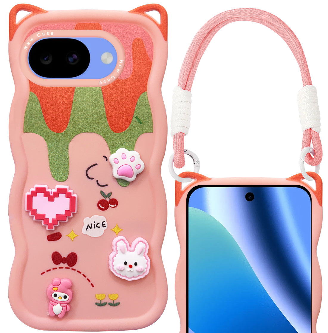 For Google Pixel 10a Back Case Cover Strap (3D Embossed Figures | Strap Holder | 360* Soft Cushion with Camera Bump)