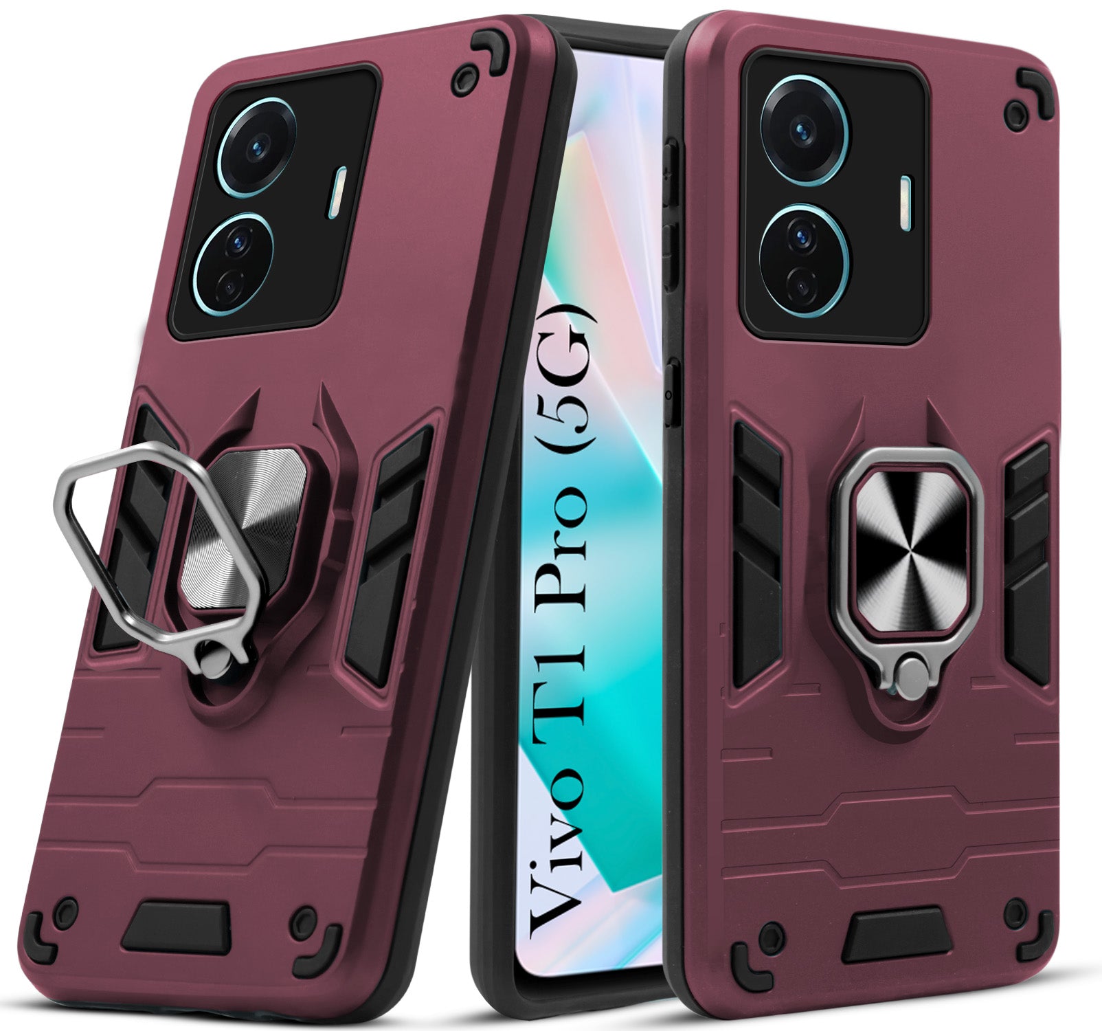 For Vivo T1 Pro 5G Back Cover Case Hybrid Armor (Shockproof Dual Layer Polycarbonate |Ring Holder Kickstand)