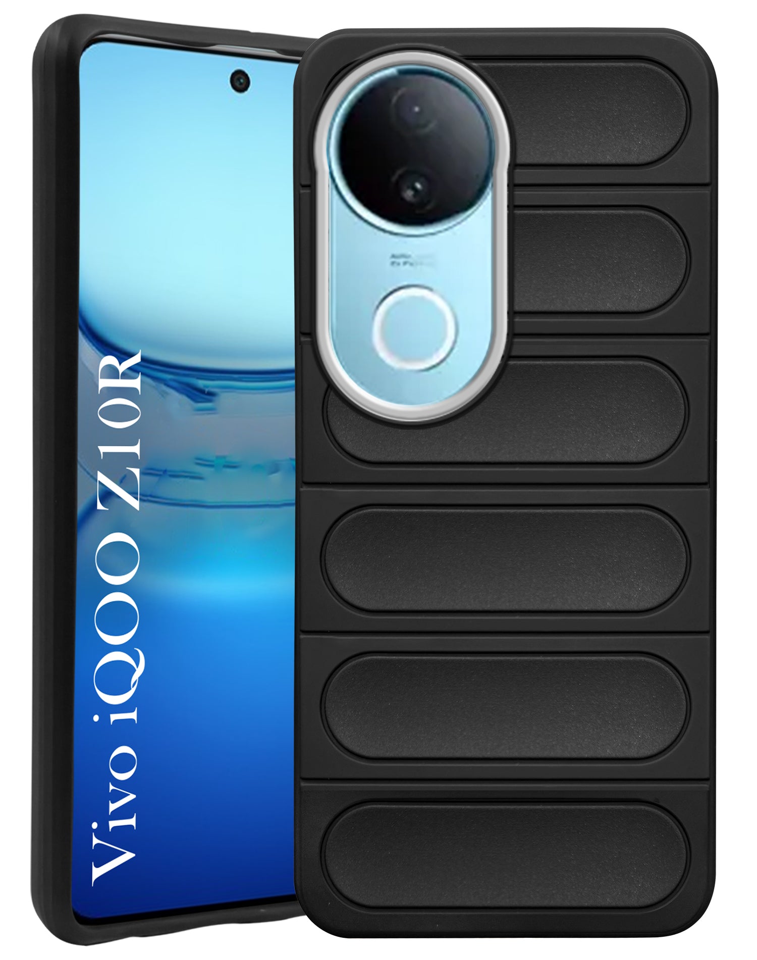For Vivo iQOO Z10R Back Cover Case (Camera Lens Glass | Metal Stand Holder | Shockproof Hybrid | Anti Yellow | Black)